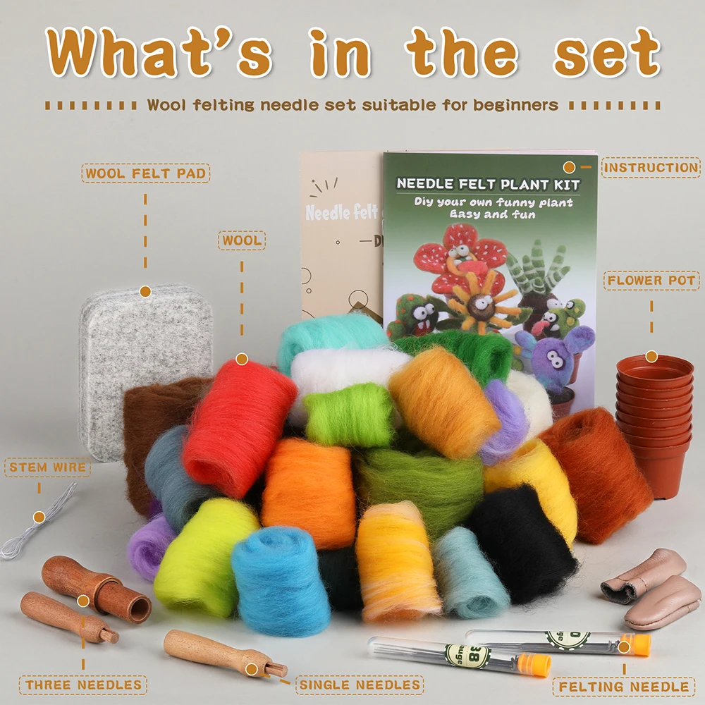 Wool Needle Felting Starter Kit Felt Plant Flowerlower Monster Team Kit for Beginner with DIY Needle Felting Supplies and Instru