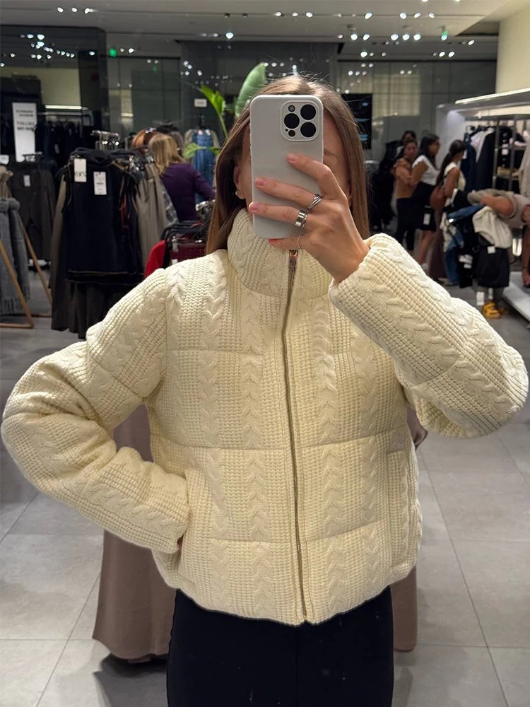 Knitted Cotton Thicken Short Coat Women Zipper Turn-down Collar Loose Long Sleeve Warm 2024 Winter Jacket Chic Street Outwear