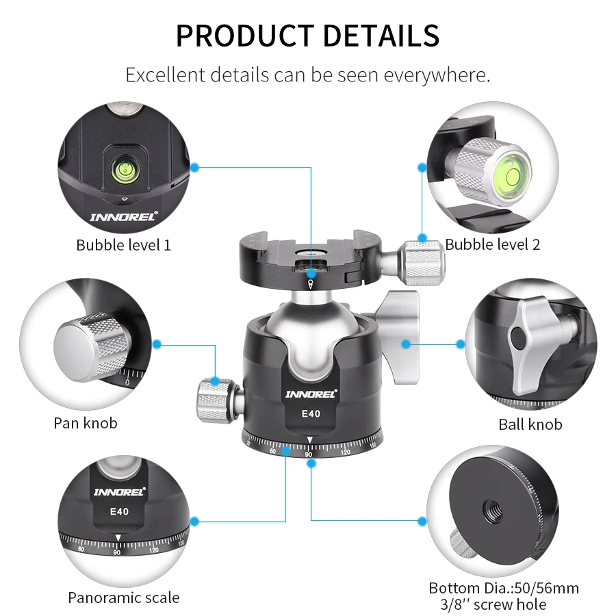 E34/E40 Professional Tripod Ball Head Low Profile Gravity Center Panoramic Ballh
