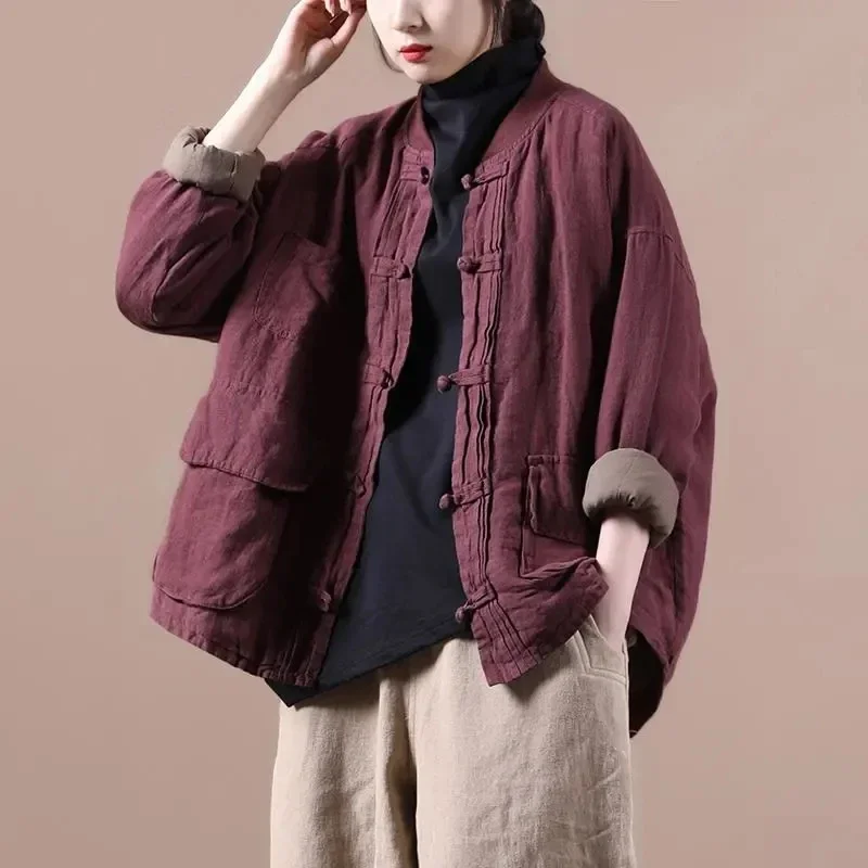 여성용 빈티지 재킷, 단색 코튼 린넨 코트, 스탠드 단추 패치워크 포켓, 루즈 여성 재킷, 2024 용수철