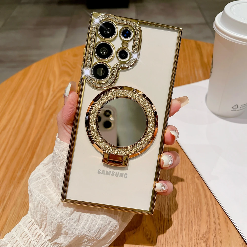 thumbnail image 1 of For Samsung S24 Ultra Mirror Magsafe Case for Galaxy S24 Plus Samsung S23 S22 Ultra Luxury Diamond Plating Stand Holder Cover, 1 of 5