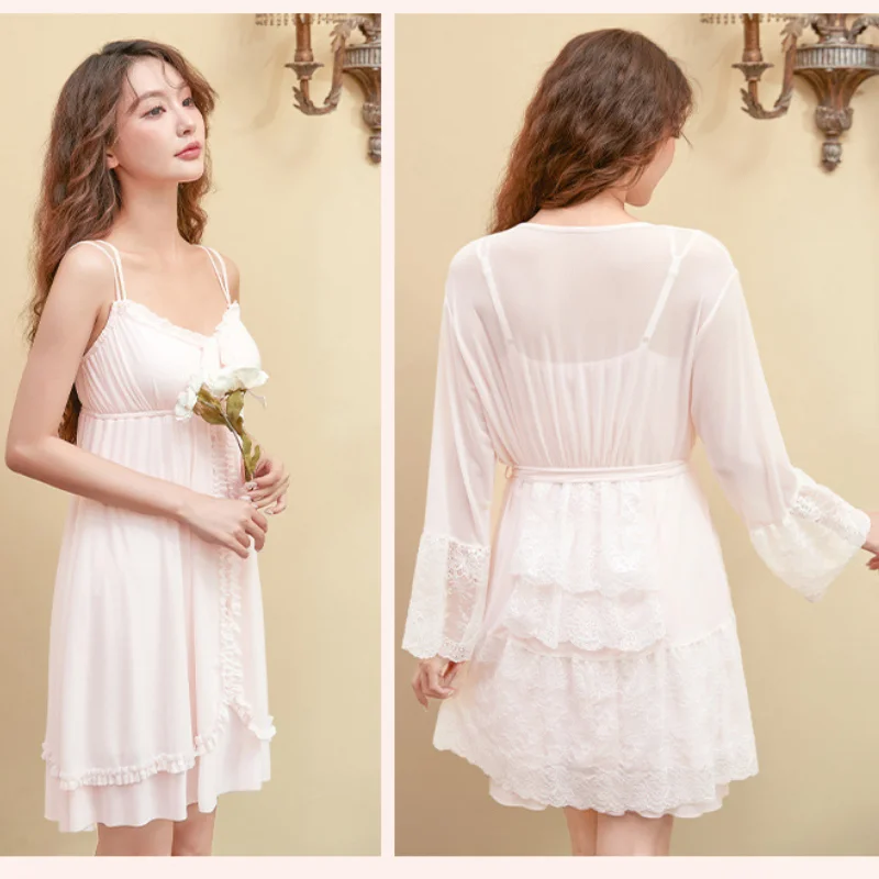 

Женское сексуальное кружевное платье, комплекты из двух предметов, одежда для сна из модала и Сетчатой Ткани в стиле "Лолита", женское платье, домашняя одежда со встроенными элементами