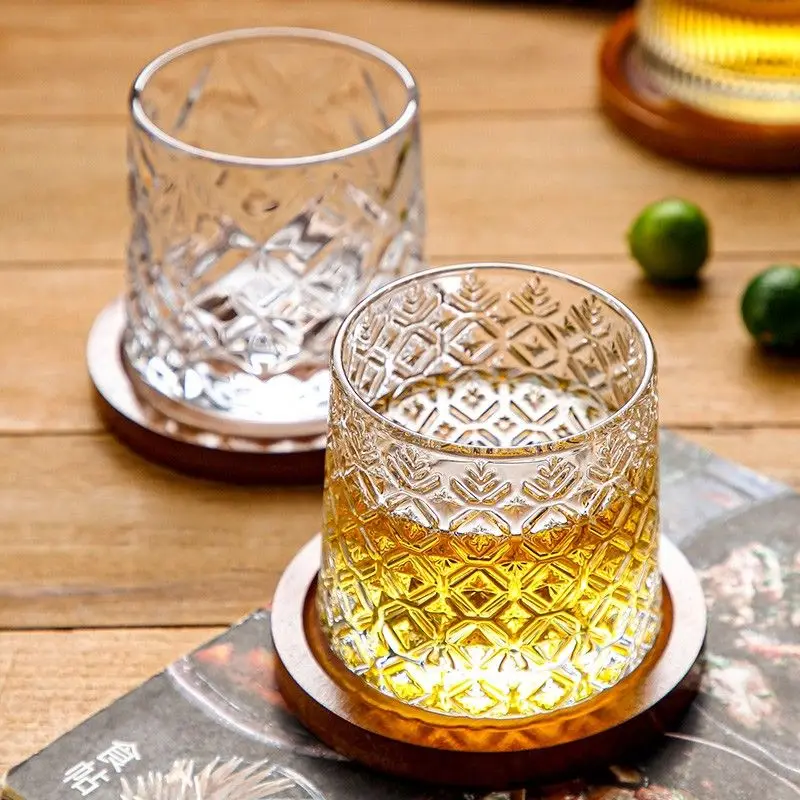 Creative Rotary Whiskey Glass Cup with Coaster Transparent Juice Cup Crystal Wine Tumbler Vodka Cognac Brandy Snifter Shake