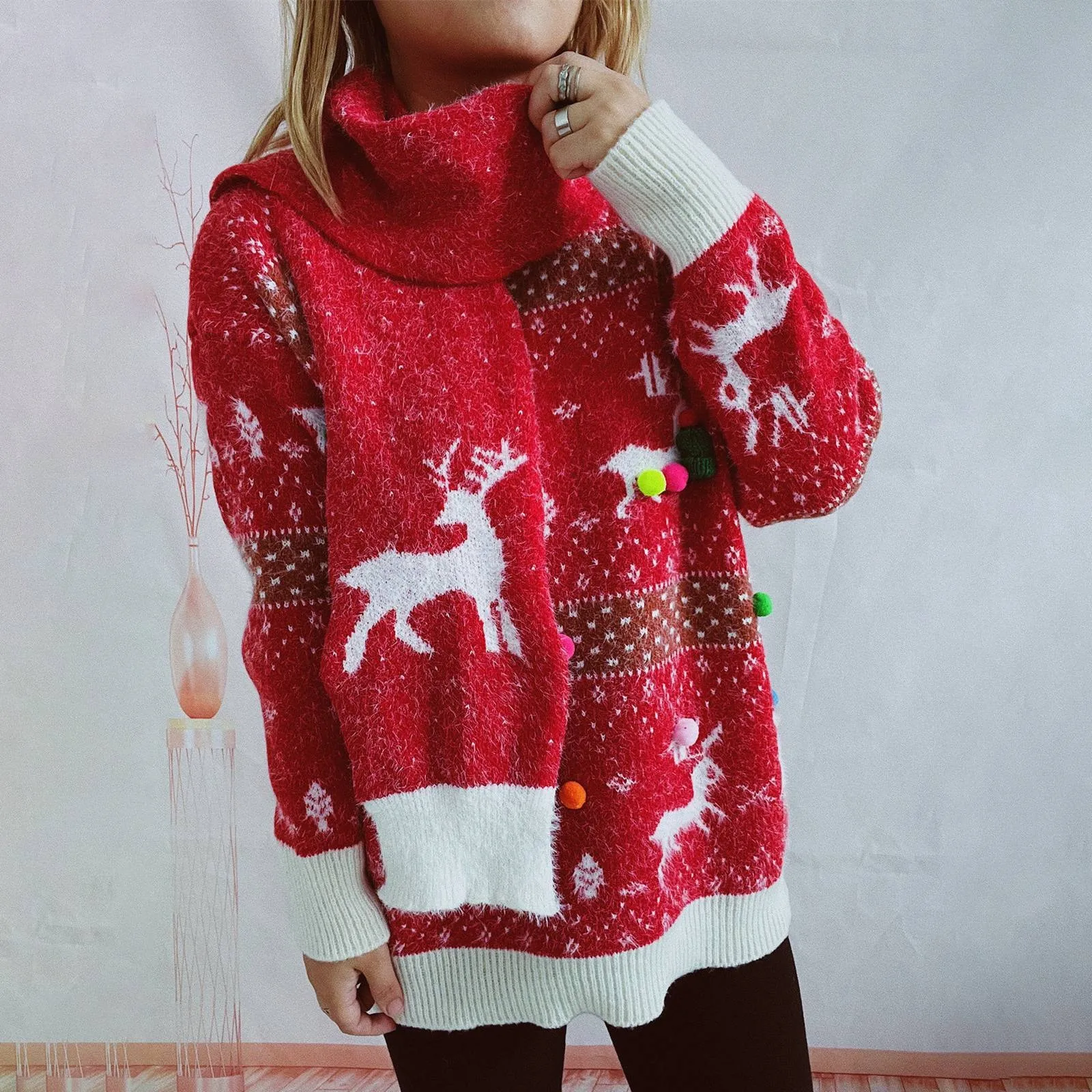 

Deer Print Knitwear Tops Plus Size Christmas Sweaters Women Warm Knitted Pullover Casual Retro Jumper Sweater Female+ Knit Scarf