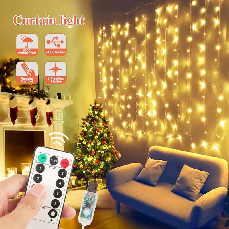 

Curtain Garland Led String Lights Festival Christmas Decoration 8 Mode Usb Remote Control Holiday Light For Bedroom Home Outdoor