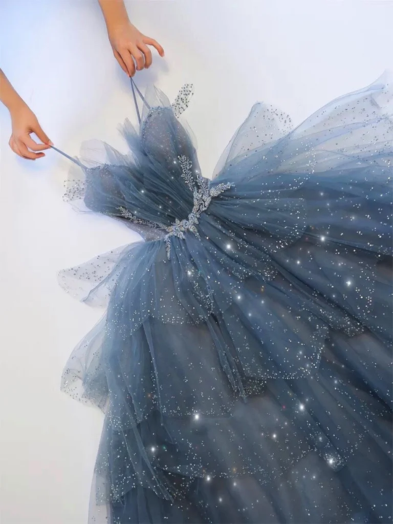 Haze Blue Evening Dresses Spaghetti Strap Luxury Beaded Tiered Bling A Line Pleat Wedding Ceremony Formal