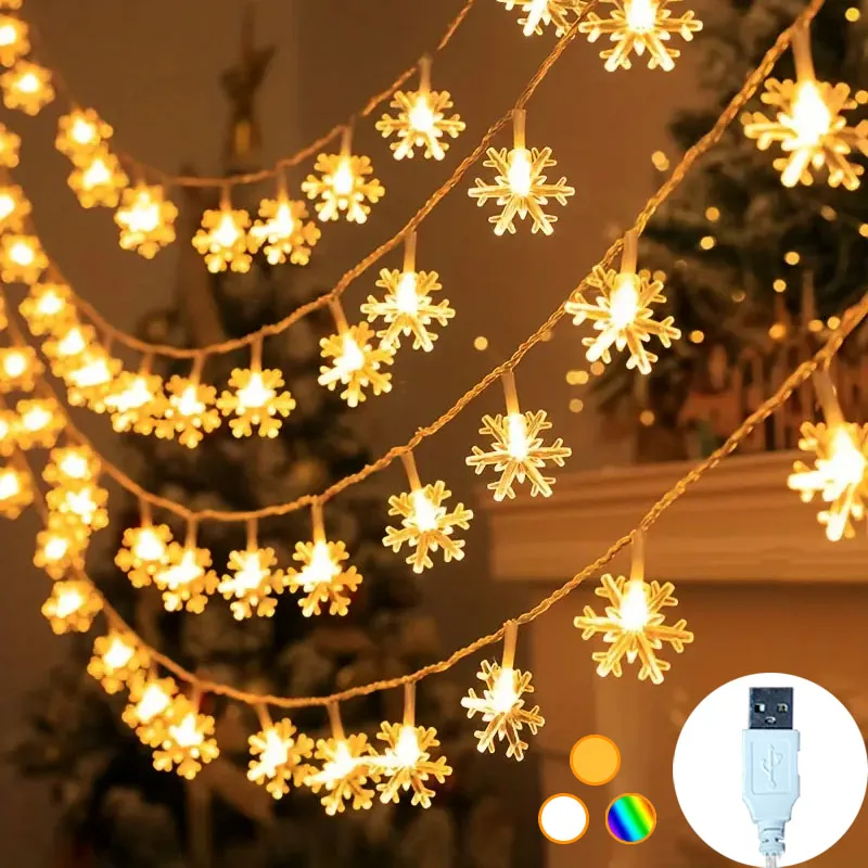 Snowflake LED String Lights - Festive USB-Powered Decoration for Christmas, Weddings, and Parties