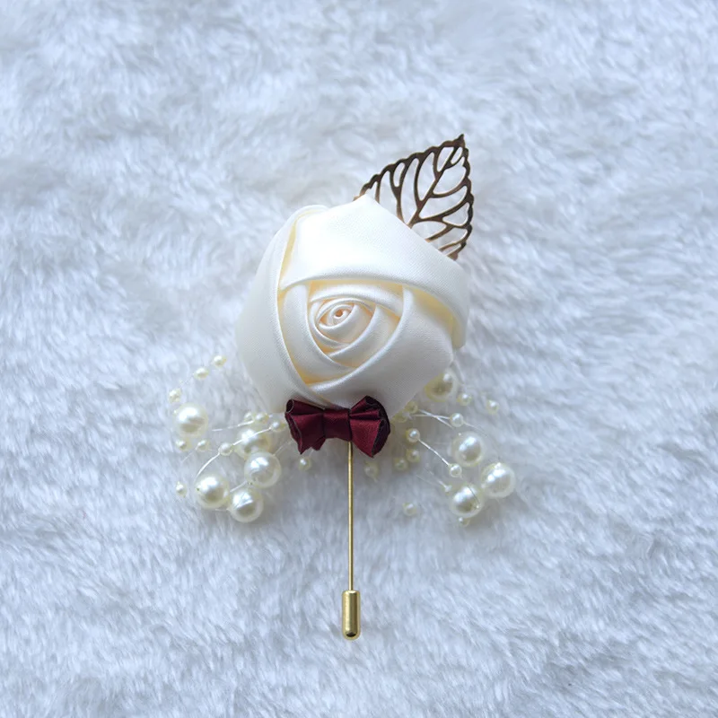 Boutonniere Lapel Pins Wedding Corsage Suit Buttonhole Silk Roses Gold Leaves Men Women Brooch Flowers Mariage Accessories