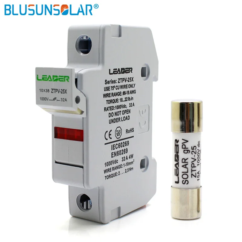 

PV Solar 10a 12a 15a 20a 30a Fuse 1000V DC Fusible 10x38 GPV, with LED Fuse Holder for Solar System Protection