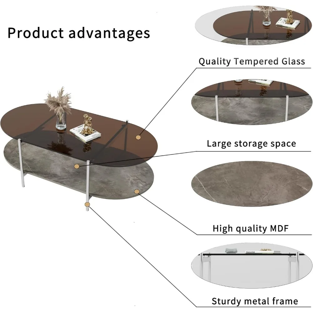 Tempered Glass & MDF Wood Coffee Table, 2-Tier Modern Side Table with Storage Space, Center Table for Home, Office, Living Room 4