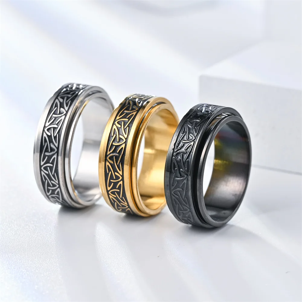 Stainless Steel Ring Finger Ring Fidget Spinner Ring Anti Stress Knuckle Viking Characters Enamel Spinning Rotating Anxiety Control Bague Homme
