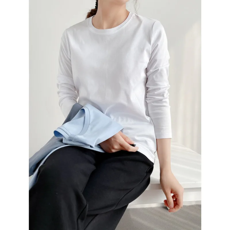 Mulberry Silk Cotton Long Sleeve T-shirt Women Round Neck V-neck Smooth Basic Loose Tops 2