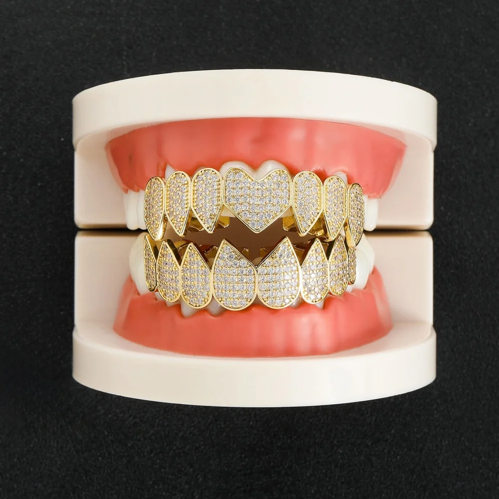Hiphop Rock Iced Out 5A Zirkon Herz Zähne Grillz Für Männer Frauen Top & Bottom Zirkonia Grills Set Dental schmuck Großhandel – Detail 5