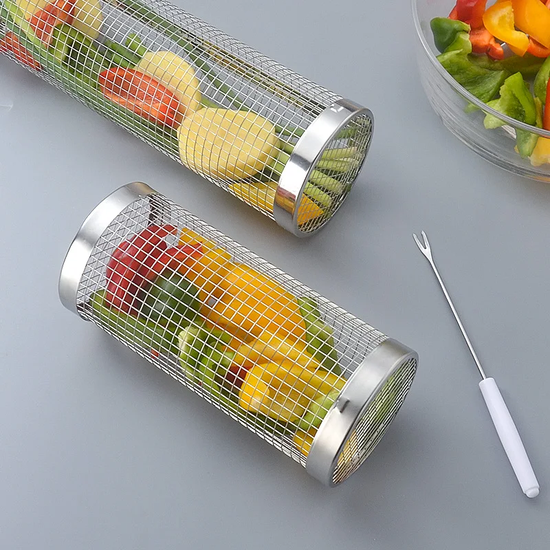 BBQ Basket Stainless Steel Rolling Wire Mesh Cylinder Basket Portable Round Outdoor Camping Rack Barbecue Kitchen Utensils Bar
