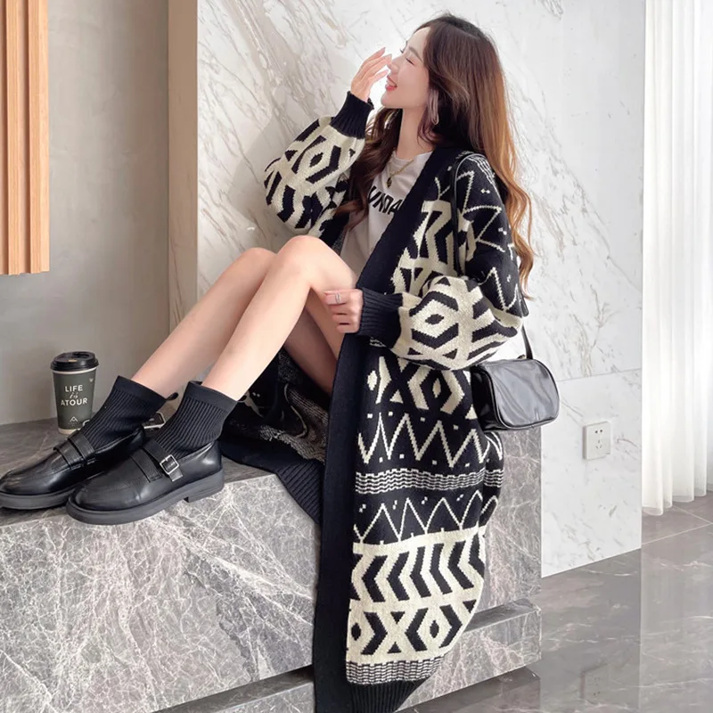 

2023 Autumn/Winter New Korean Edition Sweater Coat Cardigan Over Knee Loose and Slim Retro Office Lady Comfortable Long Knit