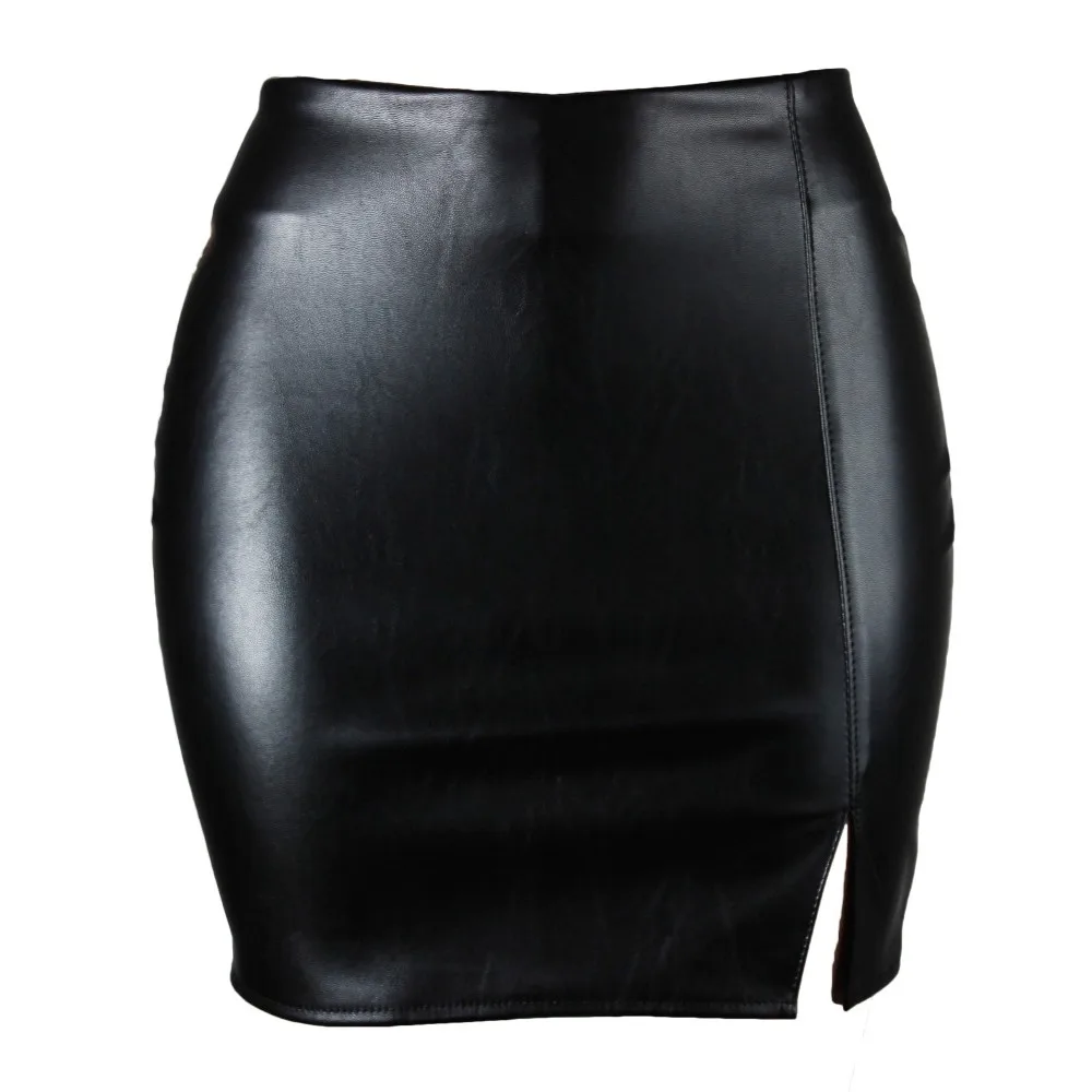 

Sexy Woman Faux Leather Short Skirts Ladies High Waist Split Club Party Bodycon Tight Solid Black Skirt Clothing For Women