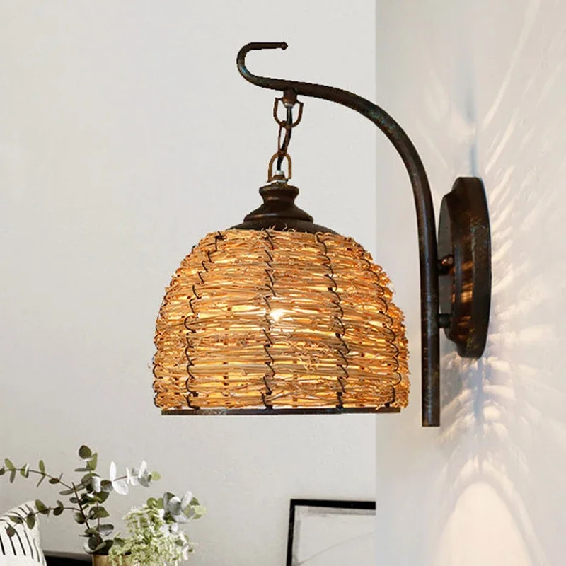 

Southeast Asia Hemp Rattan Wall Lamp Vintage Wall Lights for Home Lighting Art Deco Iron Sconce Bedroom Bathroom Light Fixtures