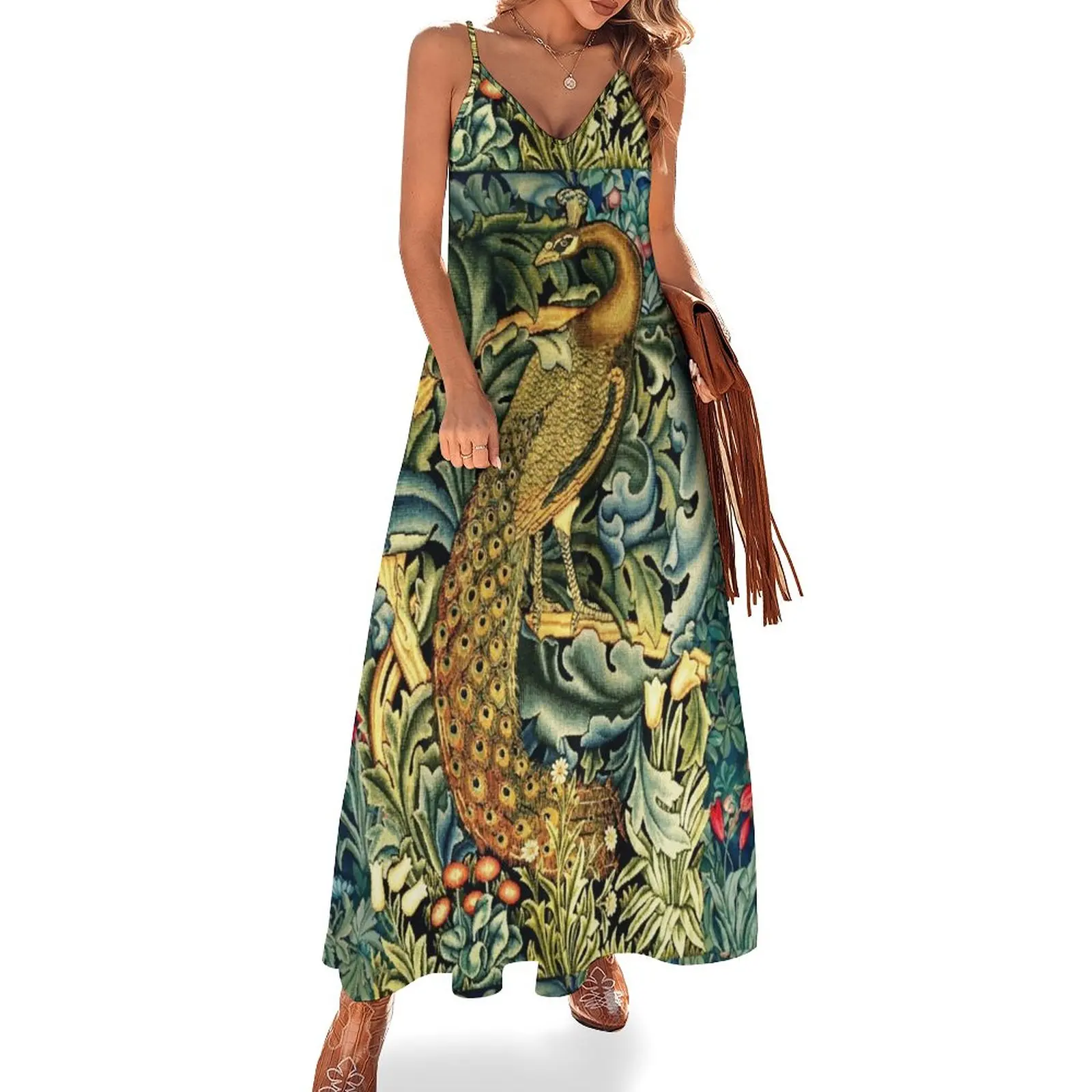

New GREENERY, FOREST ANIMALS ,PEACOCK WITH ACANTHUS LEAVES Blue Green Floral Sleeveless Dress Evening dresses sexy dress