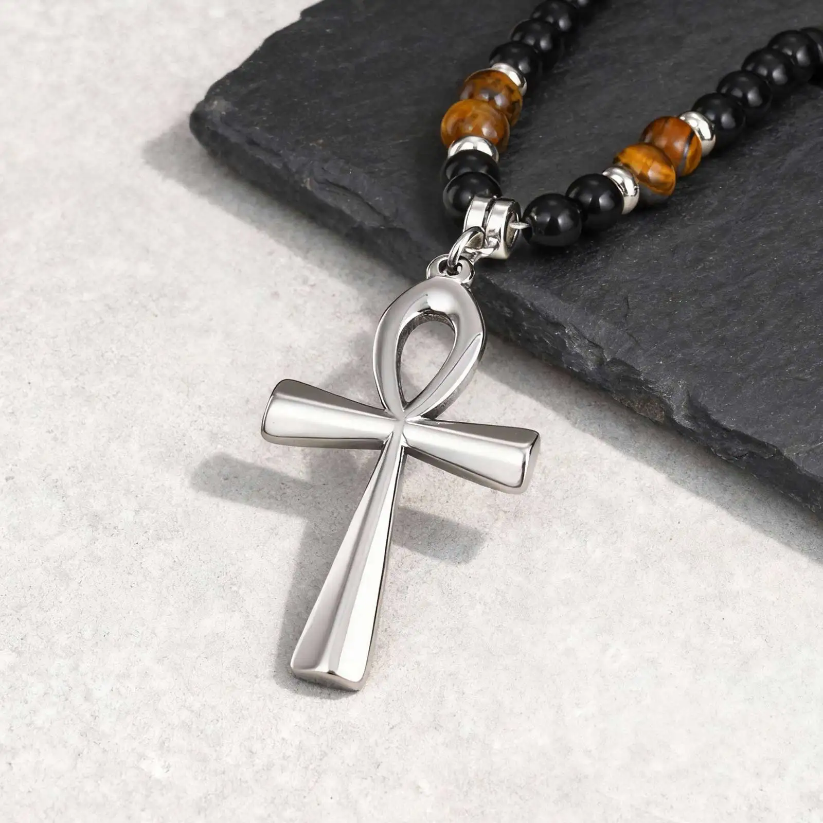 Trendige Anka-Kreuz-Halskette für Männer, ägyptische Ankh-Lebenssymbol-Perlen-Halskette, ethnische religiöse Schmuckgeschenke – Detail 5