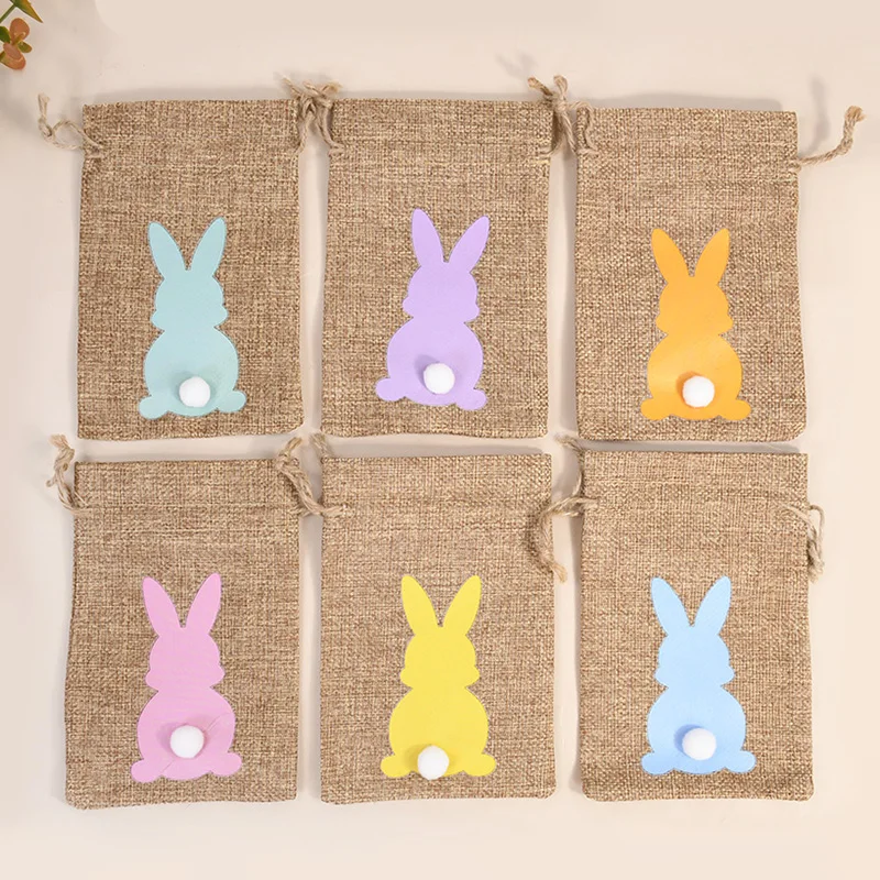 6pcs Easter Burlap Candy Bags Cute Bunny Linen Treat Gift Bags Kids Happy Easter Party Decoration Cookie Snack Packing Supplies