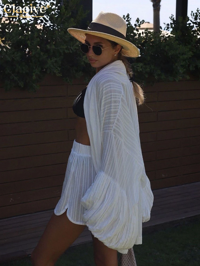 Clacive Fashion Loose White Cotton Sets For Women 2 Pieces 2025 Elegant Puff Sleeve Robes With High Waist Shorts Set Female 4