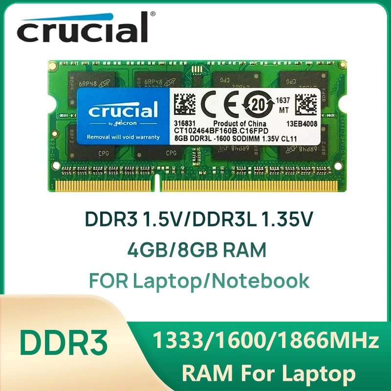Lot De 2 Barrettes Crucial 4GB DDR3L-1333 SODIMM Pour Mac, Total 8Go, Occasion