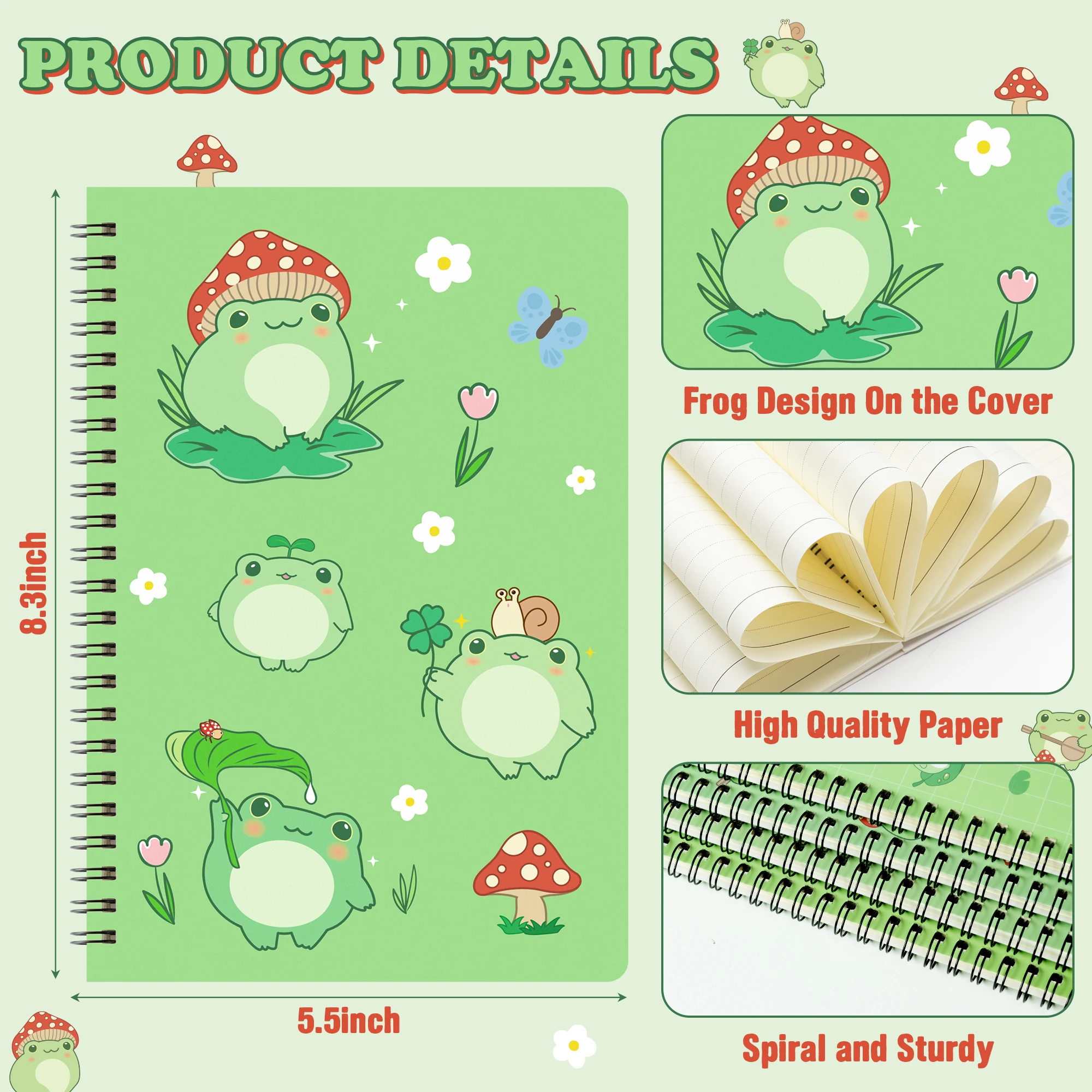 Notebook 4-piece set A5 Gift box Stationery back-to-school gift Writing Notepad Green inner cover eye protection coil This frog 2