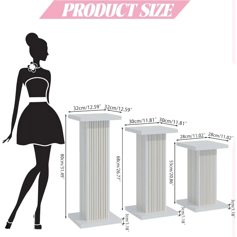 3PCS Square Pedestal Stand for Party,White Wood Display Pedestal Stands for Parties,Fluted Plinth Pillars Table Stands 2