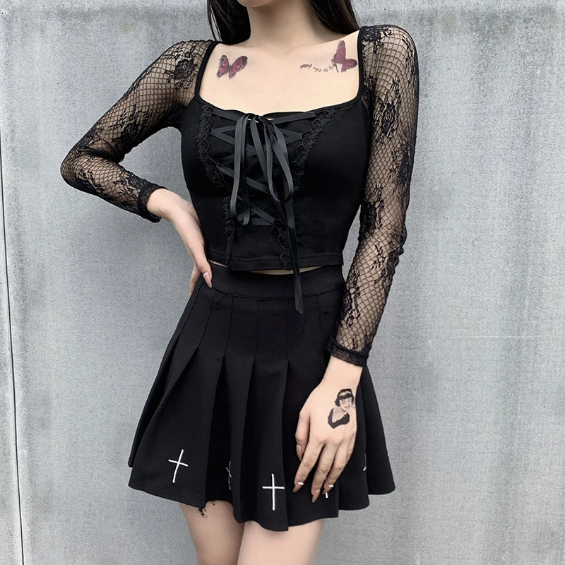 Goth T-Shirt Women Vintage Tops Bodycon Bandage Lace Black T-Shirts Gothic Streetwear Sexy Female Top Casual Mesh Tee Tops oversized t shirt women