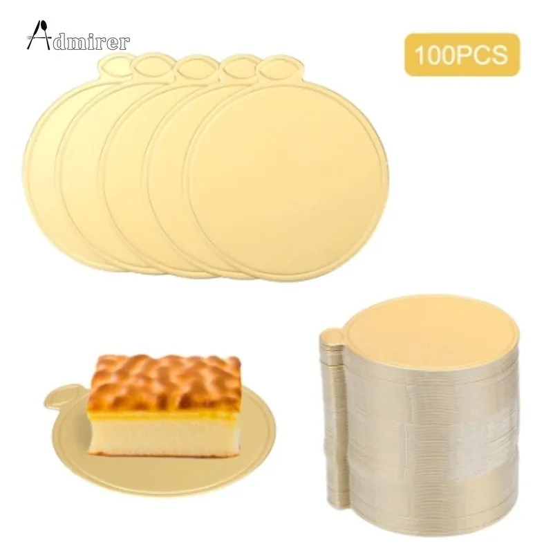 100 Pcs 8/9cm 골든 케이크베이스 일회용 라운드 무스 디저트 보드 음식 종이 매트 케이크 디스플레이 트레이 베이킹 액세서리 도구