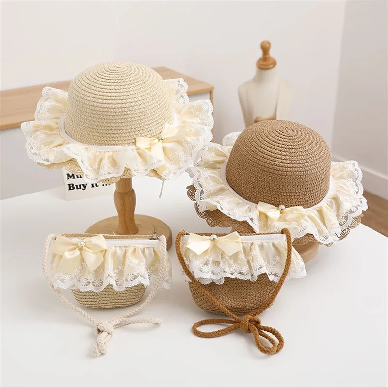 2pcs/sets Girls Straw Hats Kids Shoulder Bags Princess Cute