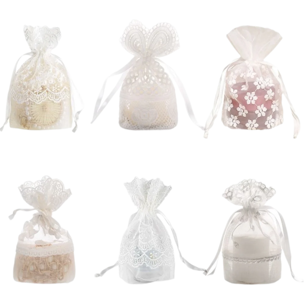 White Gauze Gift Bag with Lace for Festival Favor and Storage
