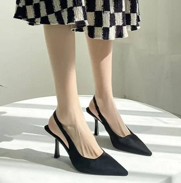 Black Slingback Sandals Women's Spring/Summer Pointed Toe Women's Super High Heels Elegant Shallow Ankle Buckle Design