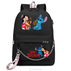 Disney Stitch Backpacks Women Men Student USB Charge Canvas Backpack Print School Bag Teenager Girls Ribbons Mochila