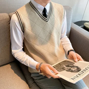남성용 V넥 민소매 니트 모직 조끼, 학생 스웨터, S-3Xl 코트, 상의, 레트로, 2024 가을, 신상 용수철