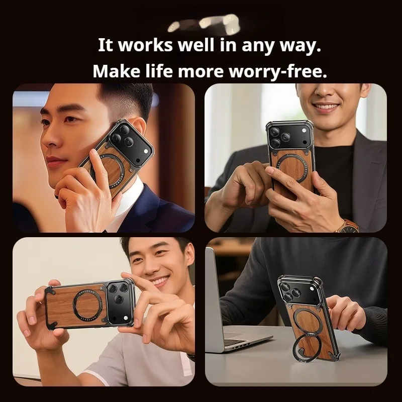 Eary Magnetic Wooden Case for iPhone 17 Pro Max Air for MagSafe Wireless Chargers 360°Rotating Stand Aluminum Solid Wood Shells