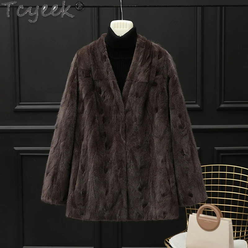 Tcyeek Vera Pelliccia Di Visone Cappotto Donna Moda Inverno Giacca Di Pelliccia Da Donna Con Scollo A V Giacche Di Vera Pelliccia 2024 Patchwork Vison