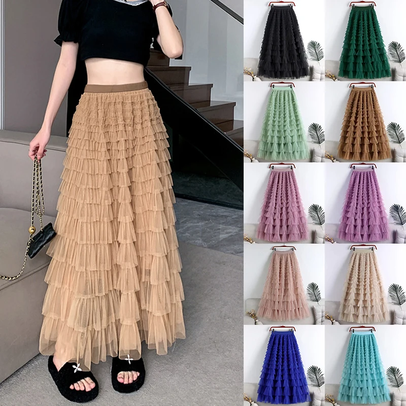 

Elegant Princess Cake Skirt Harajuku Solid Mesh Pleated Skirt Women Festival Party Long Skirts Fashion Streetwear Clothes