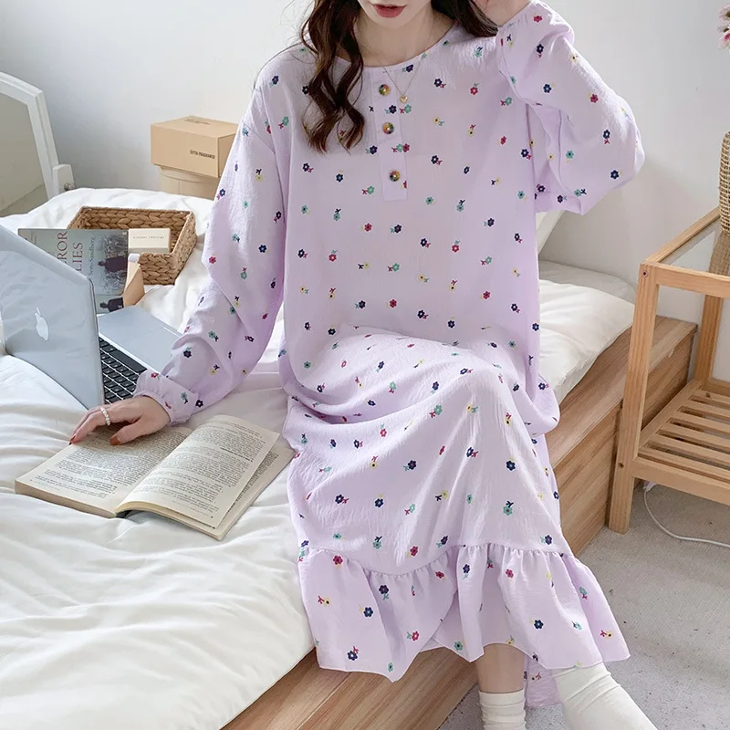 Long Sleeve One-piece Pajamas Spring Thin Cloud Cotton Sleepwear Round Neck Simple Print Nightdress Home Fury Clothing for Women