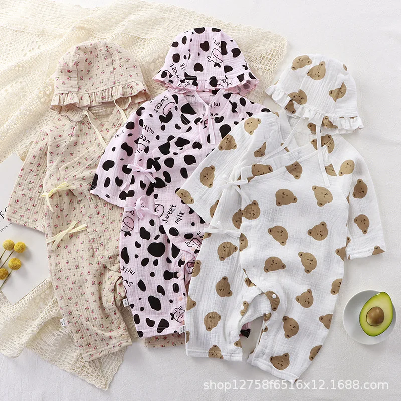 

2PCS Summer cartoon Baby Clothes Set With Cap Toddler One Piece Sling Romper Fisherman Hat Infant Girl Boy Jumpsuit Outfit