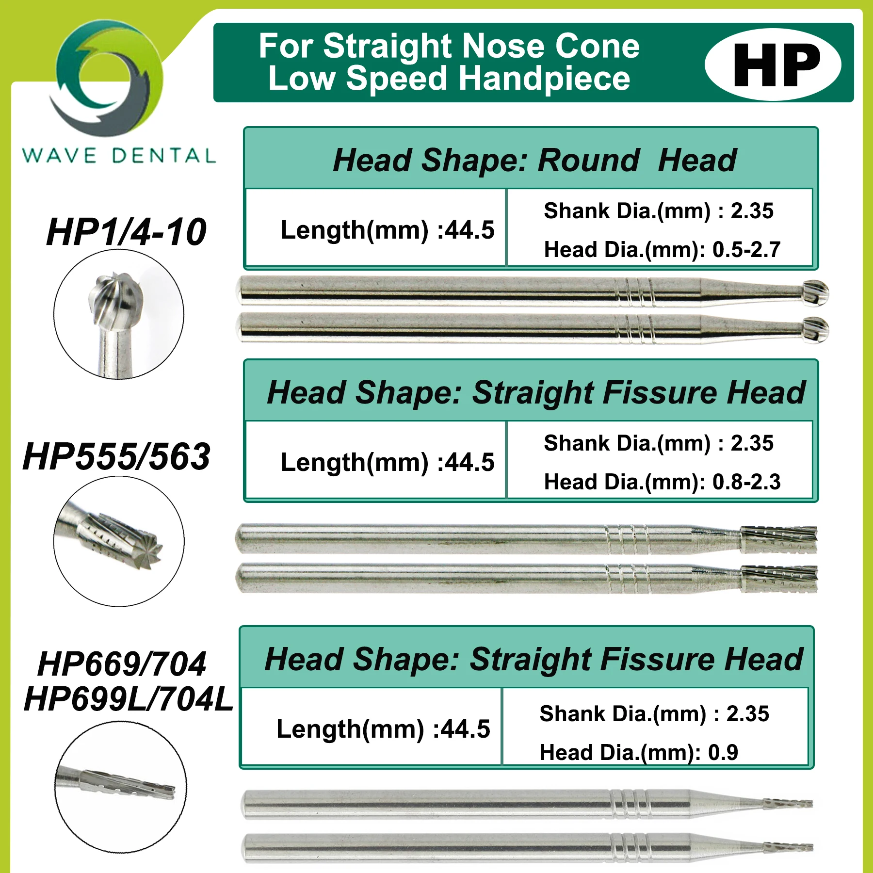 

WAVE Dental Burs Tungsten Carbide Burs Dentistry Drills HP Round Head For Straight Nose Cone Low Speed Handpiece 5Pcs/Pack
