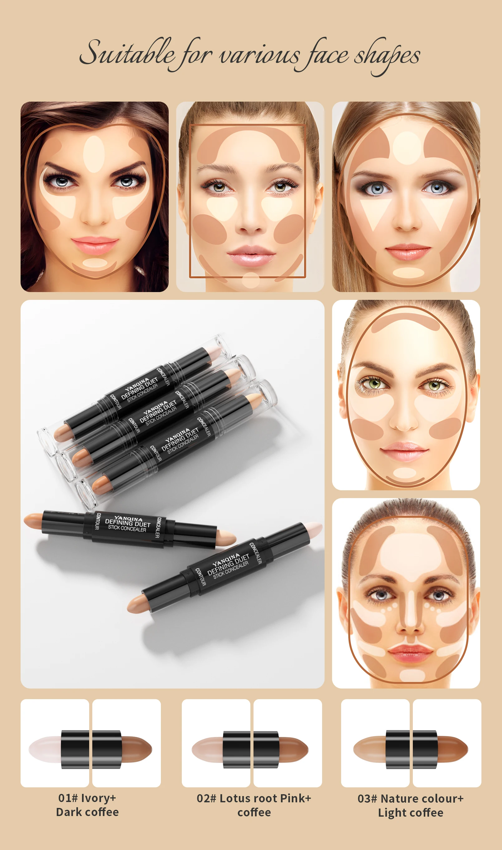 Description Picture 6 of itemContour Stick Duo, Double-Ended Highlight and Shadow Cream, Waterproof Full Coverage Concealer, Natural Finish Makeup for All Sk