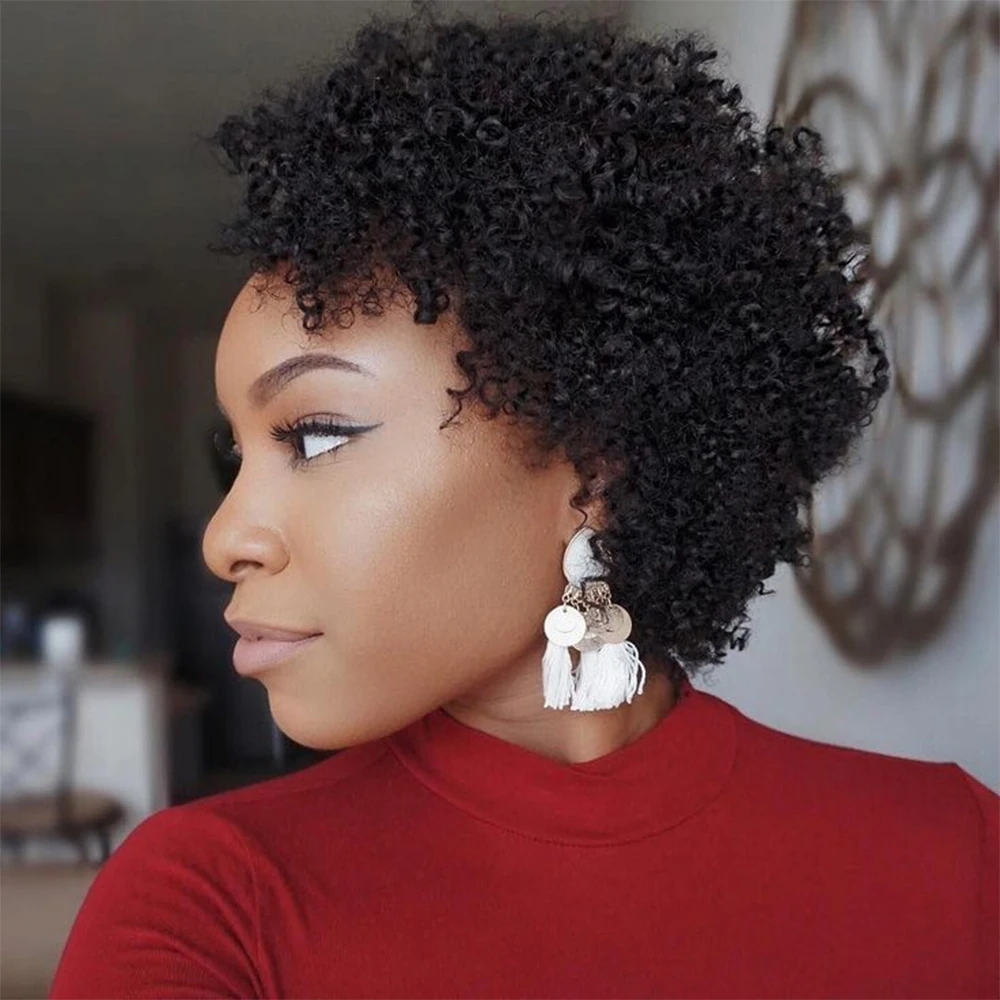 Pixie 곱슬 인모 가발, 앞머리 기계, 실제 인모 가발, 브라질 아프로 킨키 컬, 여성용 천연 헤어