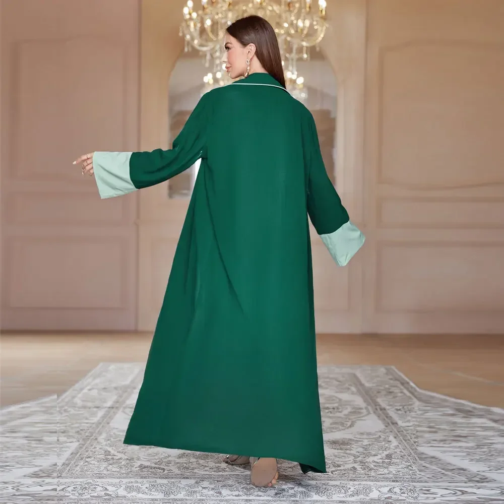 New Open Abaya with Hijab for Muslim Women Elegant Splicing Solid Color Kimono Abayas Dubai Kaftan Robe Casual Islam Clothing