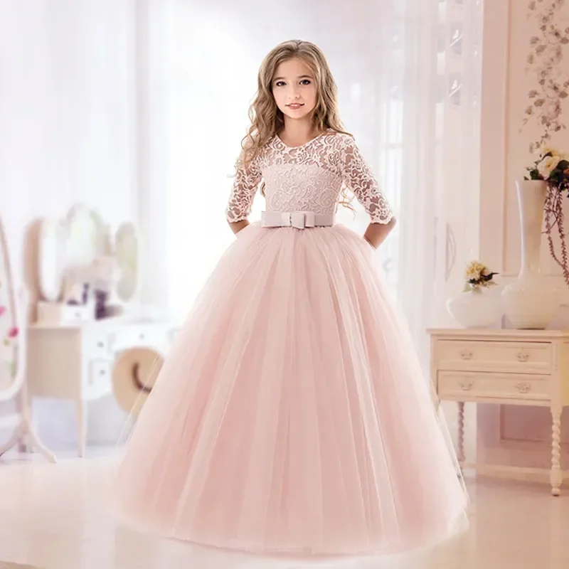 

Elegant Princess Lace Dress Kids Flower Embroidery Dresses for Girls Vintage Children Costume for Christmas Party Red Ball Gown