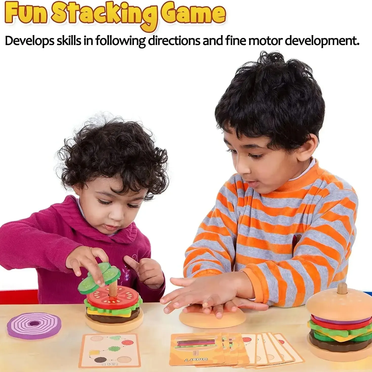 Wooden Stacking Toys Hamburger Shape Cognition Matching Kitchen Toys For Children