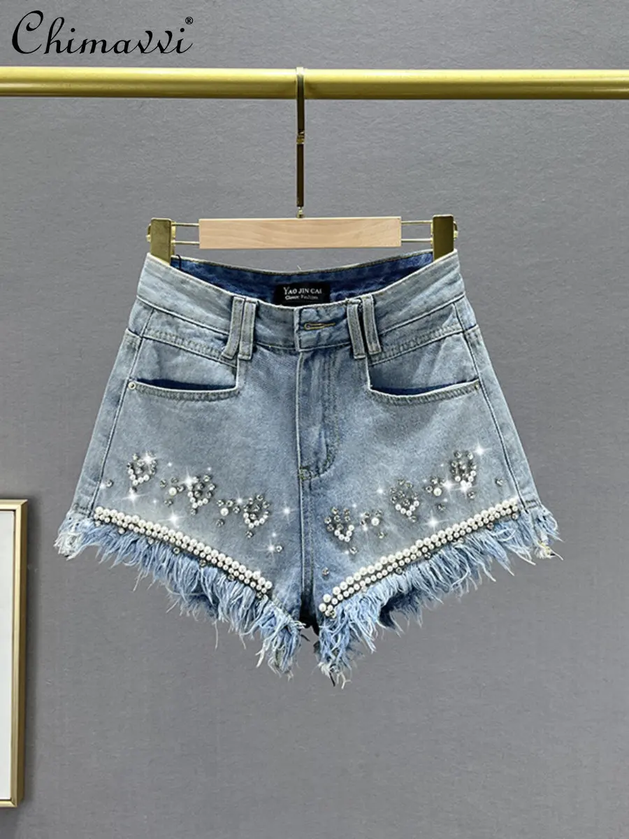 

Raw Edge Denim Shorts Women's 2023 Summer New Fashion High Waist Loose Jeans Temperament Beads Rhinestones Wide Leg Hot Pants