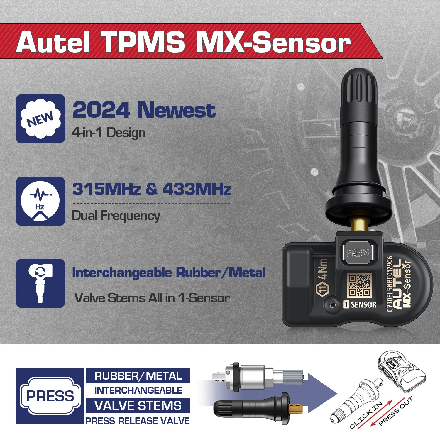 1/4/8PC Autel MX Sensor Rubber 433MHZ+315 MHZ 2in1Mx-Sensor TPMS Tire Repair Tool Automotive Accessory For MaxiTPMS TS501 TS508 tire pressure monitor,car diagnostic tool
