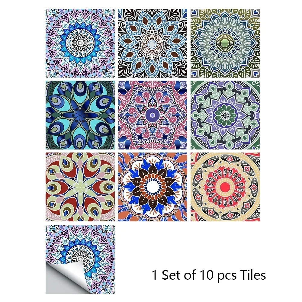 Description Picture 3 of itemHome 10pcs/set Mandala Style Crystal Hard Tiles Ceramics Wall Sticker Kitchen Wardrobe Decor Art Mural & Stick Wall Decals