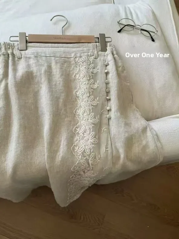 Retro Artistic Lace Trimmed f Skirt with Slit Simple Linen Women's Summer 2025 New Sle A-Line Midi Skirt Loose Fit